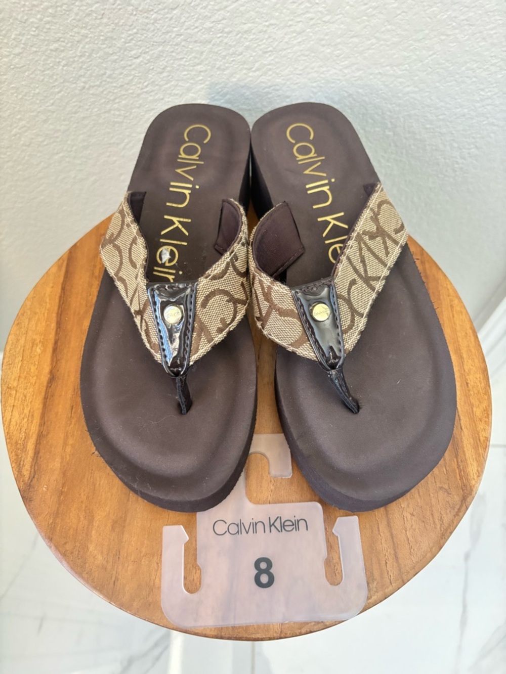 Calvin Klein Brown Logo Canvas Wedge Thong flip flop Sandals platform NWT - Picture 6 of 12